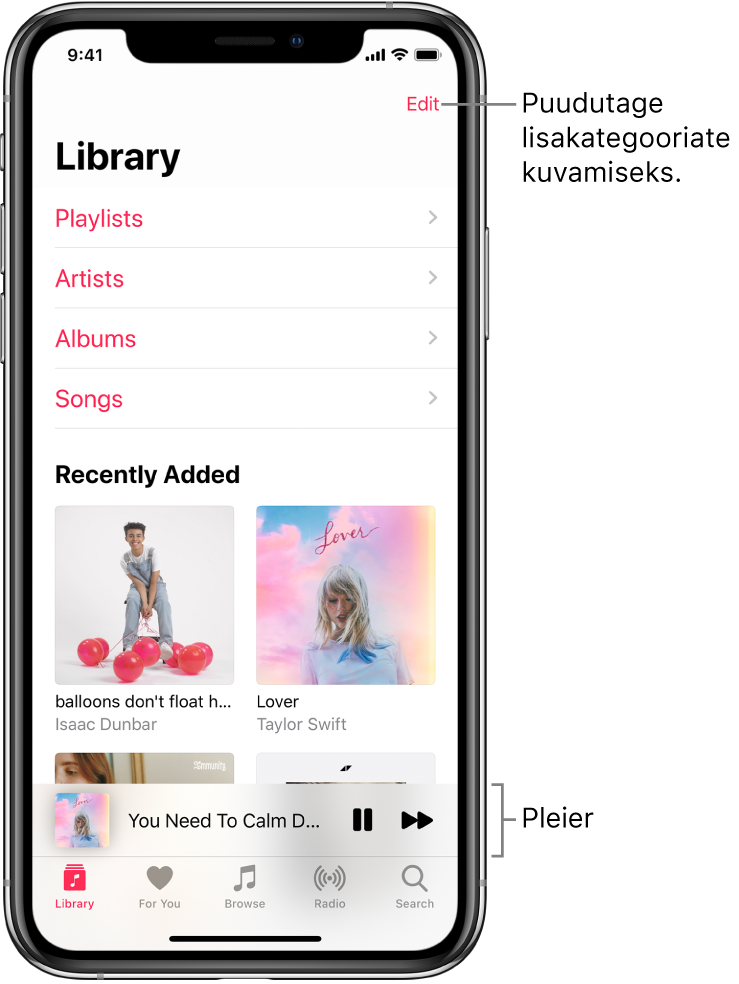 Library-kuva, kus on toodud kategooriate loend valikutega Playlists, Artists, Albums ja Songs. Loendi all on pealkiri Recently Added. Pleier, mis kuvab hetkel esitatava loo nime ning allosas asuvad nupud Pause ja Next