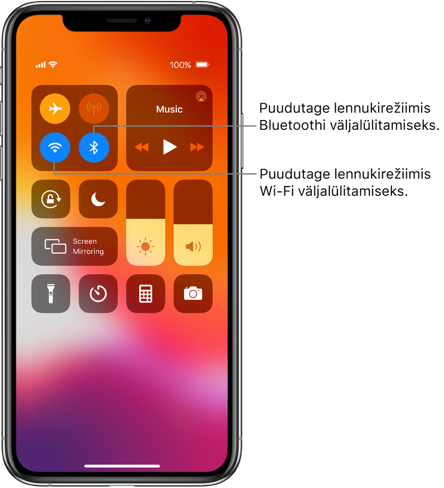 Control Center sisselülitatud lennukirežiimiga ning koos väljaviikudega, mis selgitavad et ülemise vasaku juhikute grupi alumise vasaku nupu vajutamisel saab lülitada Wi-Fi välja ning sama grupi alumise parema nupu vajutamisel saab lülitada Bluetoothi välja.