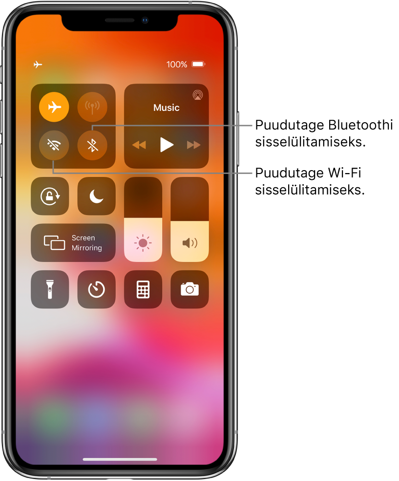 Control Center sisselülitatud lennukirežiimiga ning koos väljaviikudega, mis selgitavad et ülemise vasaku juhikute grupi alumise vasaku nupu vajutamisel saab lülitada Wi-Fi sisse ning sama grupi alumise parema nupu vajutamisel saab lülitada Bluetoothi sisse.