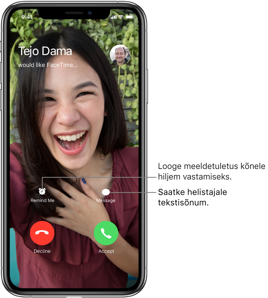 Saabuva kõne kuva. Ekraani allservas asuvad ülemisel real (vasakult paremale) nupud Remind Me ja Message. Alumisel real asuvad (vasakult paremale) nupud Decline ja Accept.