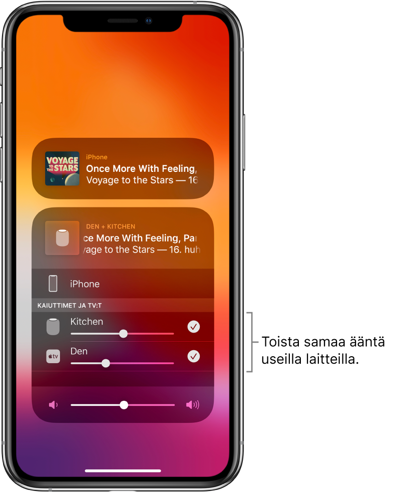 iPhonen näyttö, jossa näkyy HomePod ja Apple TV valittuina äänen kohteina.