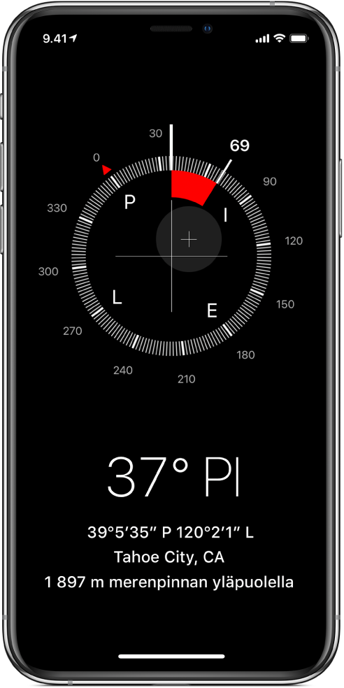 Kompassi-näkymä, joka kertoo, mihin suuntaan iPhone osoittaa, mikä on nykyinen sijainti ja kuinka korkealla ollaan.