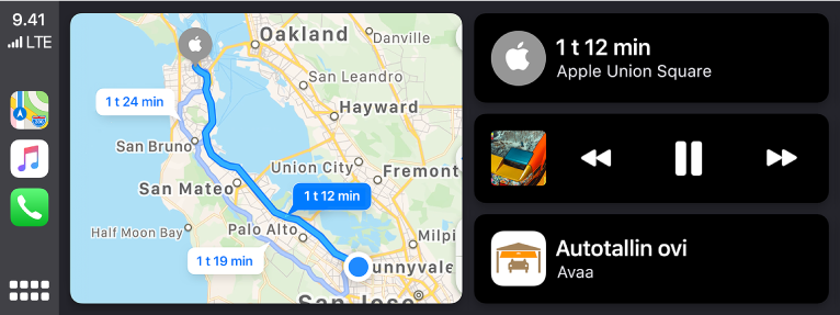 CarPlayn Dashboard, jonka vasemmalla puolella ovat Kartat-, Musiikki- ja Puhelin-kuvakkeet, keskellä kartta ajoreitistä ja oikealla kolme kohdetta päällekkäin. Oikealla oleva ylin kohde näyttää, että arvioitu matka-aika Applen Union Squaren liikkeeseen on 1 tunti ja 12 minuuttia. Oikealla oleva keskimmäinen kohde näyttää median toistosäätimet. Alin kohde näyttää, että autotallin ovi on auki.