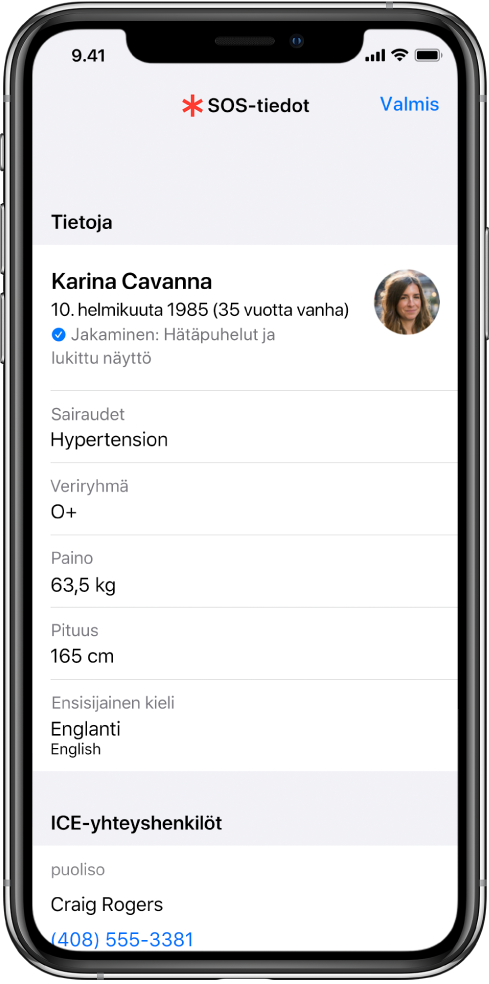 SOS-tietojen näyttö, jossa kerrotaan muun muassa syntymäaika, sairaudet, lääkitykset ja ICE-yhteyshenkilö.