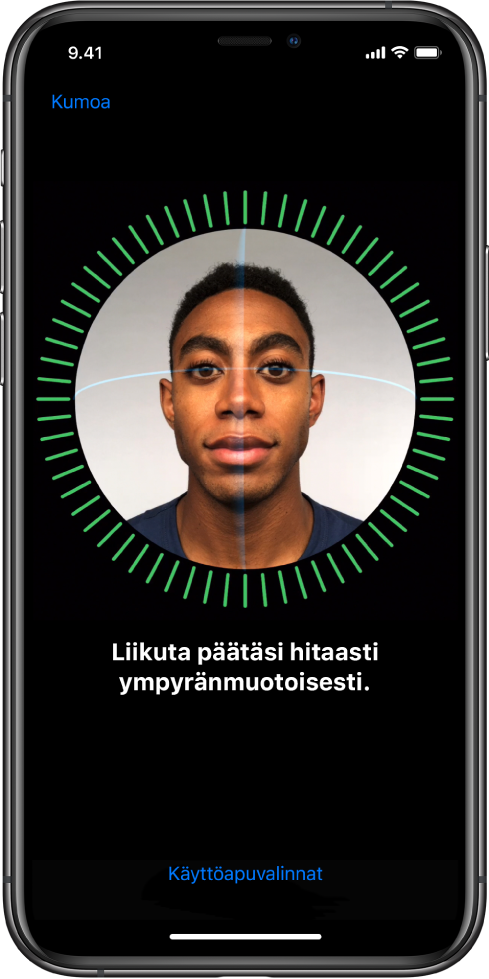 Näyttö, jossa näkyy Face ID:n käyttöönottoprosessi.