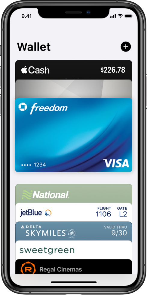 Näytöllä on Wallet-appi. Näytön yläosassa on kolme luottokorttia. Näytön alaosassa on useita lentoyhtiöiden ja kiertomatkojen lippuja.