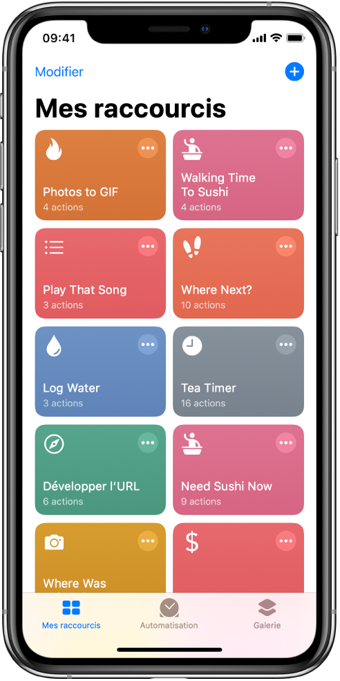 L’onglet « Mes raccourcis ». Une liste de raccourcis figure en dessous. Ils permettent de réaliser des tâches quotidiennes, telles que régler un minuteur pour un thé ou trouver un restaurant de sushis. En bas de l’écran se trouvent les onglets Automatisation et Galerie.