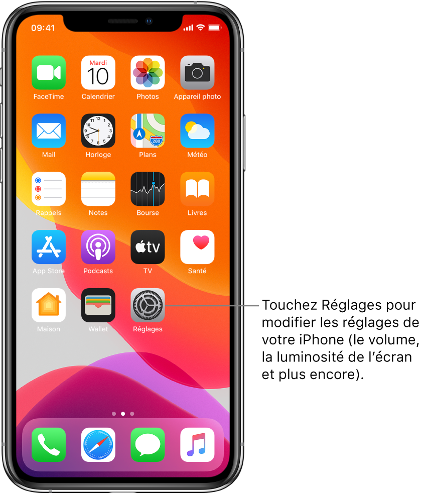 L’écran d’accueil avec plusieurs icônes, notamment l’icône Réglages, que vous pouvez toucher pour modifier le volume, la luminosité de l’écran et d’autres réglages de votre iPhone.