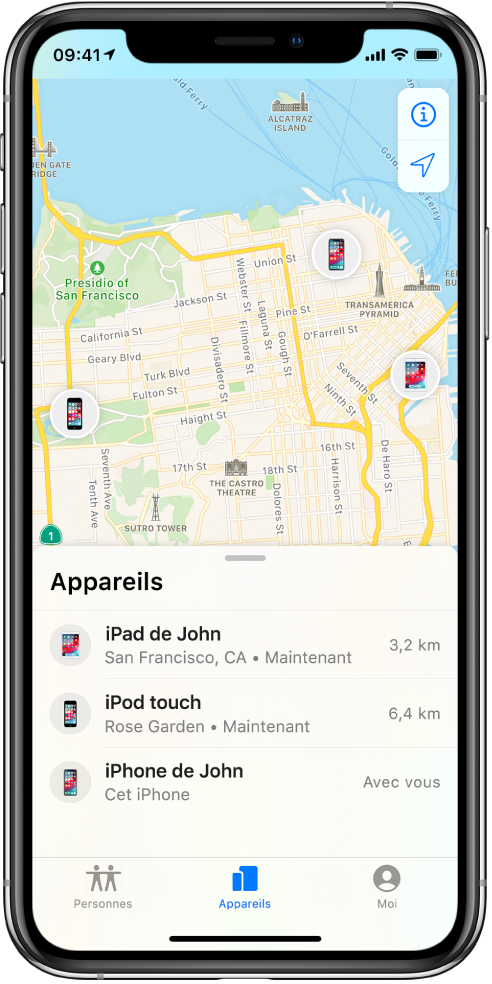 Il y a trois appareils dans la liste Appareils : iPad de John, iPod touch de John et iPhone de John. Leur position est affichée sur un plan de San Francisco.