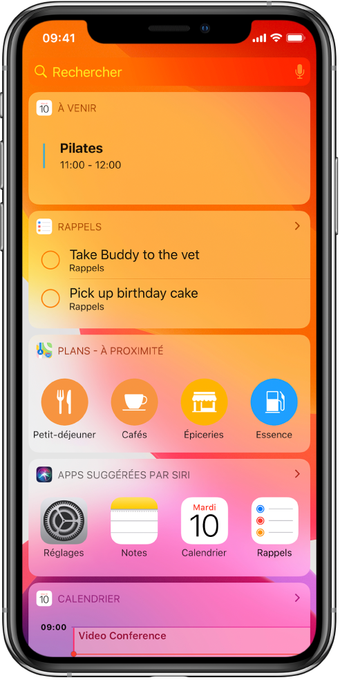 L’affichage du jour montrant les widgets pour « À venir », « Rappels », « Plans - À proximité », « Apps suggérées par Siri » et « Calendrier ».