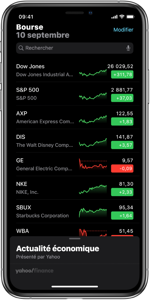 Une liste de suivi avec une liste de diverses actions. Chaque action de la liste affiche, de gauche à droite, le symbole et le nom de l’action, un graphique des performances, le cours de l’action et les évolutions du cours. En haut de l’écran, au-dessus de la liste de suivi, se trouve le champ de recherche. Sous la liste de suivi se trouve Business News. Balayez Business News vers le haut pour afficher des articles.
