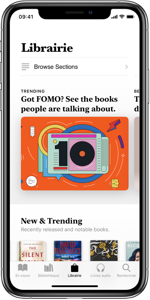 Un écran de la librairie dans l’app Livres. En bas de l’écran se trouvent, de gauche à droite, les onglets En cours, Bibliothèque, Librairie, Livres audio et Rechercher ; l’onglet Librairie est sélectionné. L’écran affiche également des livres et des catégories de livres à parcourir et à acheter.