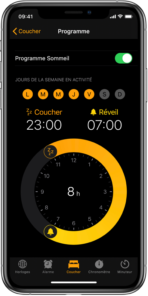 L’écran Sommeil affichant l’heure de coucher commençant à 23 h et l’heure de réveil à 7 h.