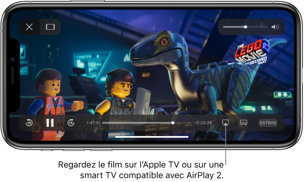 Un film en cours de lecture sur l’écran de l’iPhone. En bas de l’écran se trouvent les commandes de lecture, notamment le bouton « Recopie de l’écran » en bas à droite.