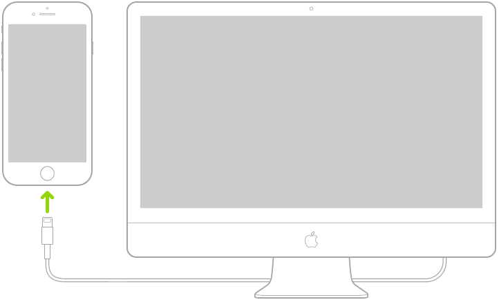iPhone connecté à un ordinateur Mac à l’aide d’un câble USB.