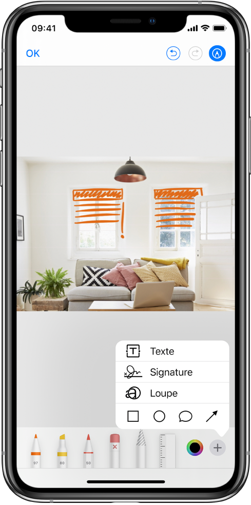 Une photo est annotée avec des lignes orange pour indiquer les stores au-dessus des fenêtres. Les outils de dessin et le sélecteur de couleurs apparaissent en bas de l’écran. Un menu avec des choix pour ajouter du texte, une signature, une loupe et des formes apparaît dans le coin inférieur droit.