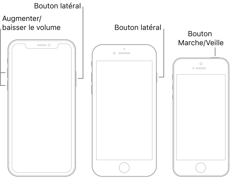 Illustrations de trois types de modèles d’iPhone, avec leur écran vers le haut. L’illustration située la plus à gauche affiche le bouton d’augmentation et de diminution du volume. Le bouton latéral s’affiche à droite. L’illustration centrale affiche le bouton latéral à droite de l’appareil. L’illustration la plus à droite affiche le bouton Marche/Veille en haut de l’appareil.