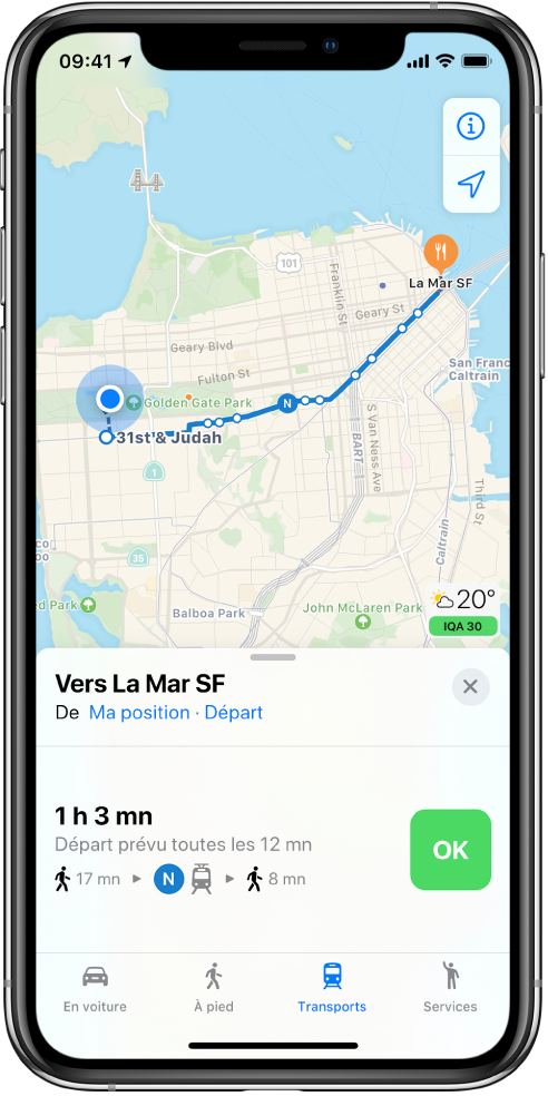 Plan affichant un itinéraire en transports en commun à San Francisco. La fiche d’itinéraire en bas de l’écran inclut un bouton Démarrer.
