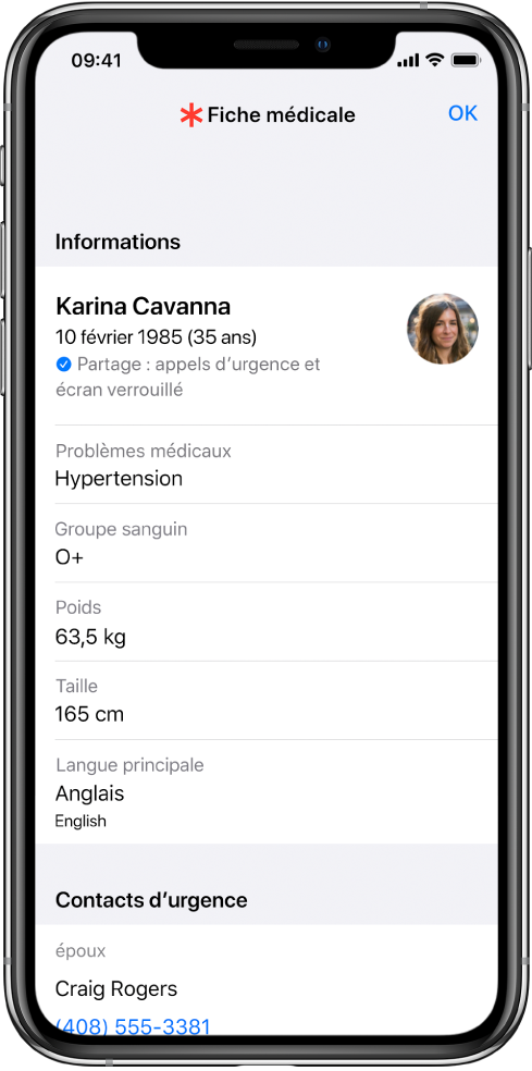 Écran Fiche médicale contenant des informations, notamment la date de naissance, les problèmes médicaux, les traitements et un contact en cas d’urgence.