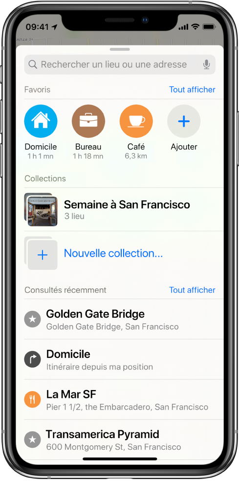 La carte de recherche remplit l’écran. La section de Collections s’affiche sous le champ de recherche et la ligne Favoris. Dans la liste Collections se trouve une collection appelée « Semaine à San Francisco », et une option pour la création d’une nouvelle collection.