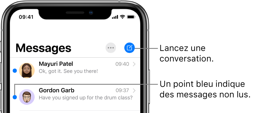 La liste Messages, le bouton Modifier en haut à gauche et le bouton Rédiger en haut à droite. Un point bleu à gauche d’un message indique que celui-ci n’a pas été lu.