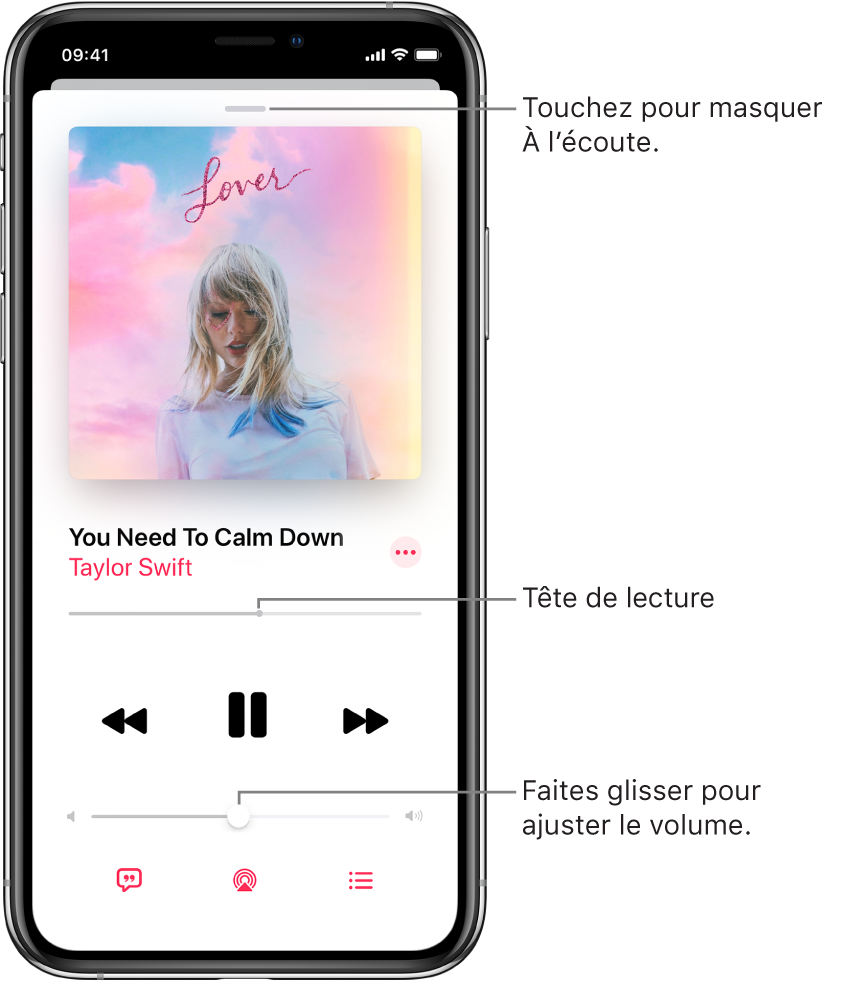 L’écran À l’écoute avec l’illustration de l’album. En dessous se trouvent le titre du morceau, le nom de l’artiste, le bouton Plus, la tête de lecture, les commandes de lecture, le curseur de volume, le bouton Paroles, le bouton « Destination pour la lecture » et le bouton « File d’attente ». Le bouton pour masquer À l’écoute se trouve en haut.