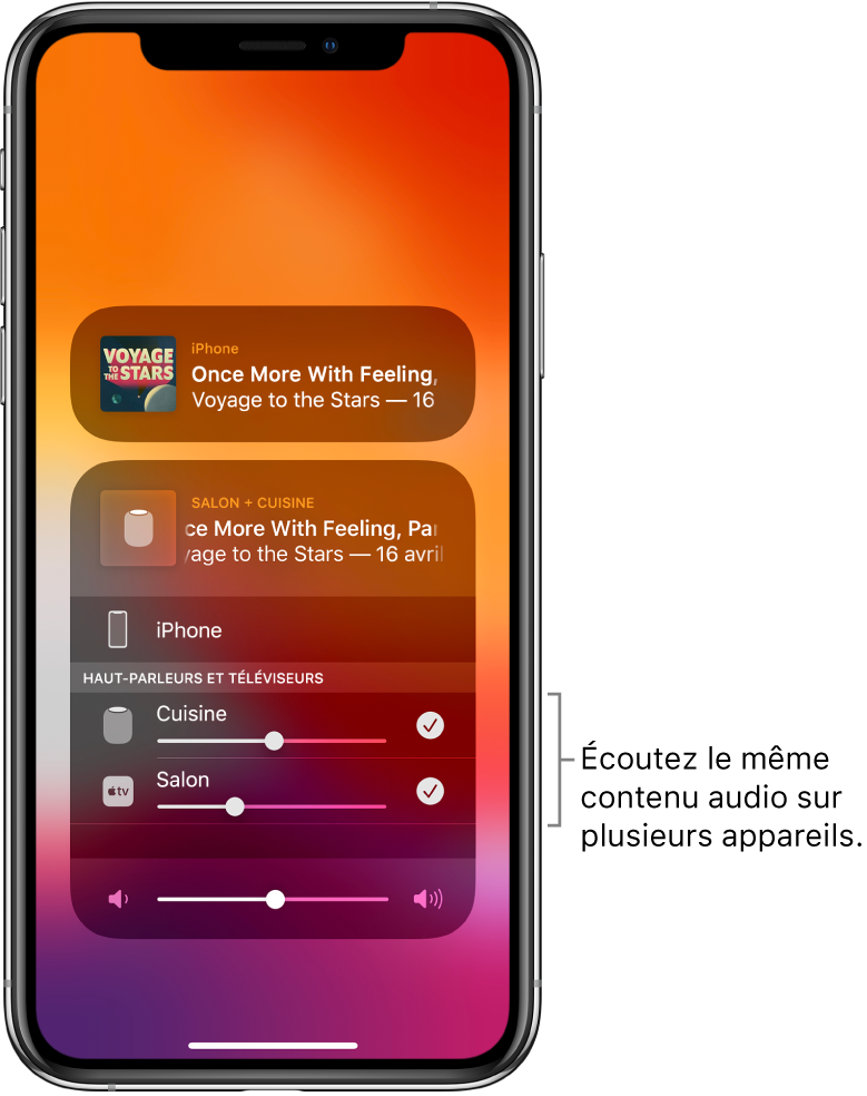 L’écran de l’iPhone affichant le HomePod et l’Apple TV comme destinations audio sélectionnées.