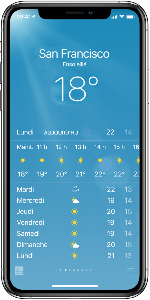 L’écran Météo avec la ville, les conditions actuelles et les températures actuelles. En dessous est affichée la prévision horaire actuelle suivie par celles des 5 prochains jours. Une rangée de points en bas au centre indique le nombre de villes.