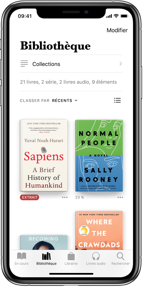 L’écran Bibliothèque dans l’app Livres. En haut de l’écran se trouvent le bouton Collections et les options de tri. L’option de tri Récents est sélectionnée. Au milieu de l’écran se trouvent les couvertures des livres de la bibliothèque. En bas de l’écran se trouvent, de gauche à droite, les onglets En cours, Bibliothèque, Librairie, Livres audio , et Rechercher.