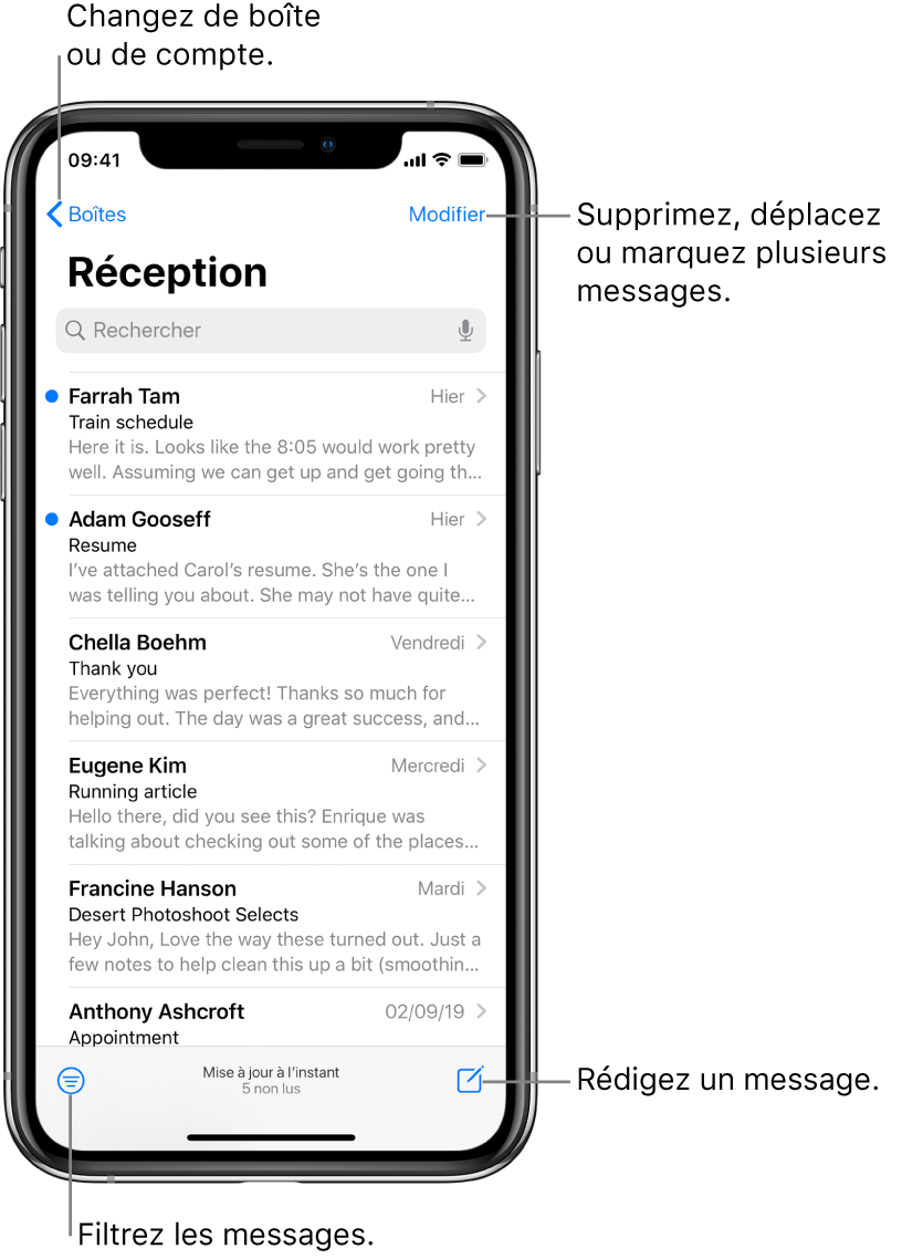 La boîte de réception affichant une liste d’e-mails. Le bouton Boîtes permettant de passer à une autre boîte aux lettres se trouve dans le coin supérieur gauche. Le bouton Modifier permettant de supprimer, déplacer ou marquer des e-mails se trouve dans le coin supérieur droit. Le bouton permettant de filtrer les e-mails pour n’afficher que certains d’entre eux se trouve dans le coin inférieur gauche. Le bouton permettant de rédiger un nouvel e-mail se trouve dans le coin inférieur droit.