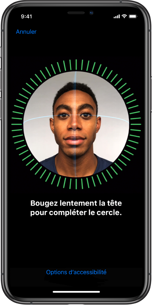 Écran affichant le processus de configuration de Face ID.