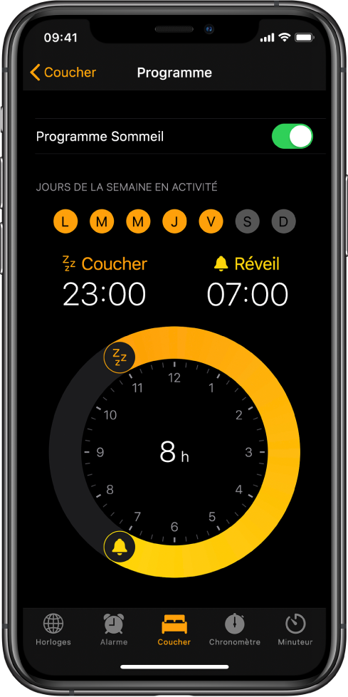 Le bouton Sommeil est sélectionné dans l’app Horloge ; l’heure du coucher est programmée à 23 h et l’heure du réveil est réglée sur 7 h.