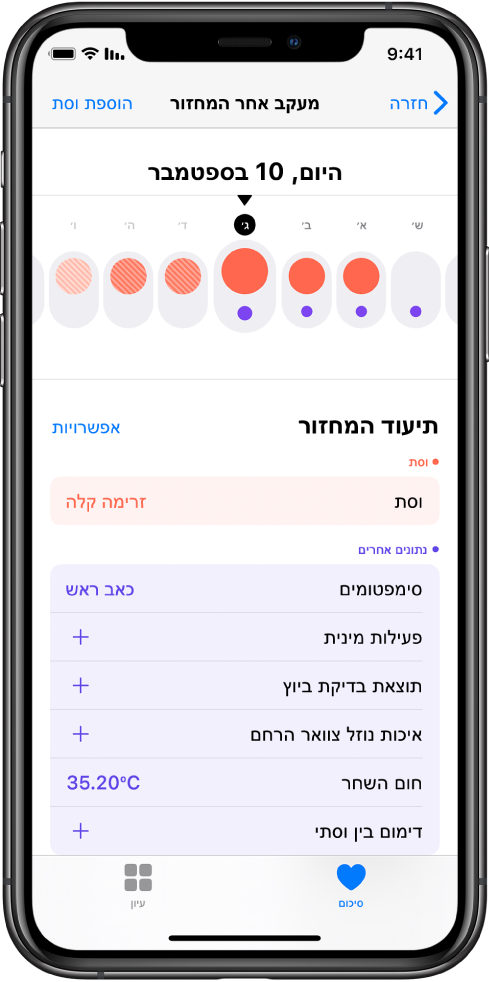 המסך ״מעקב אחר המחזור״ ביישום ״בריאות״.