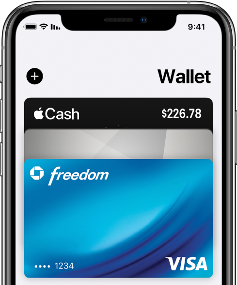 המחצית העליונה של מסך Wallet, ובה מוצגים כמה כרטיסי אשראי וכרטיסי חיוב. הכפתור ״הוסף״ נמצא בפינה השמאלית העליונה.