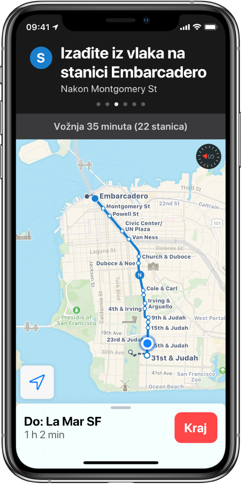 Karta rute javnog prijevoza preko San Francisca Kartice rute pri vrhu zaslona prikazuje uputu “Izađite iz vlaka na stanici Embarcadero.”