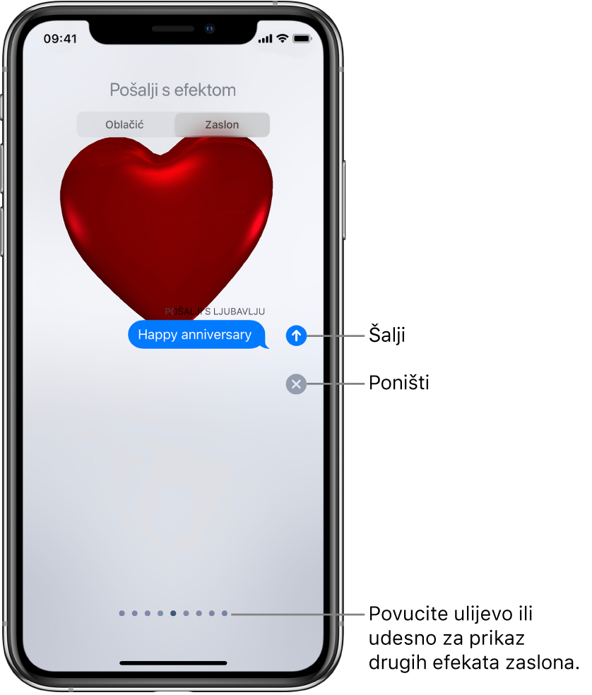 Pregled poruke s efektom preko cijelog zaslona s crvenim srcem.