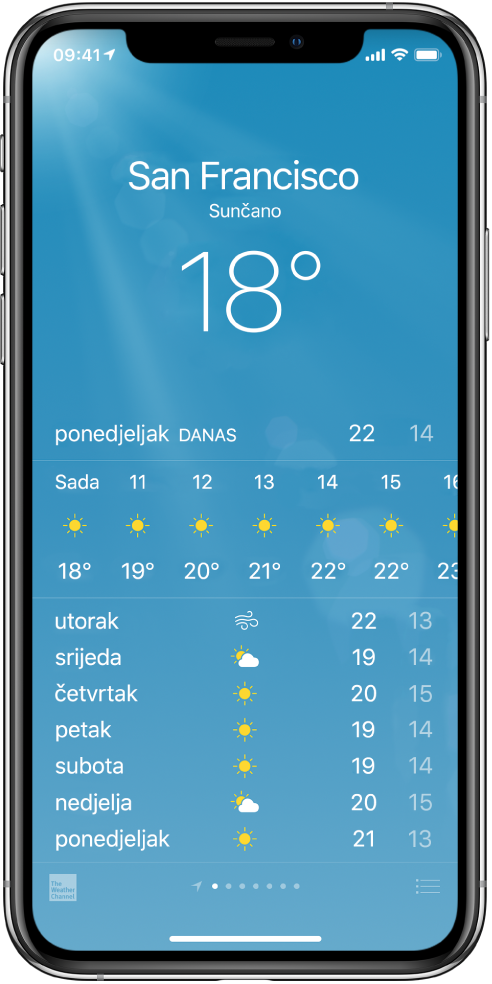 Zaslon aplikacije Vrijeme prikazuje grad, trenutačne uvjete i trenutačnu temperaturu. Ispod je trenutna prognoza po satima nakon koje slijedi prognoza za sljedećih 5 dana. Niz točkica pri dnu na sredini pokazuje koliko imate gradova.