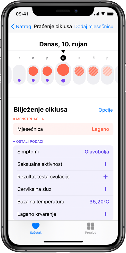 Zaslon Praćenje ciklusa u aplikaciji Zdravlje.