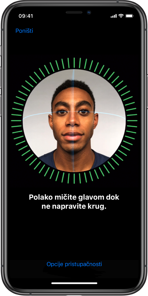 Zaslon koji pokazuje postupak postavljanja Face ID-a.