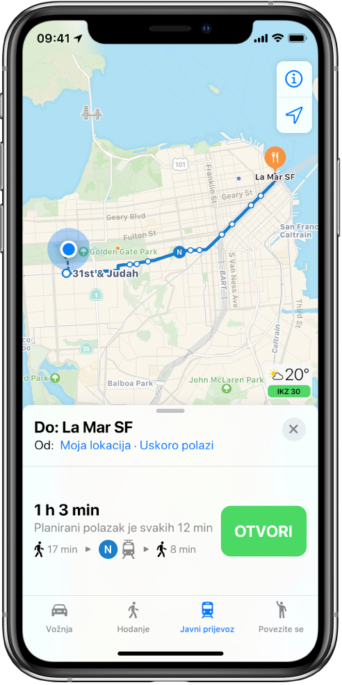 Karta s prikazom ruta javnog prijevoza preko San Francisca Kartice rute na dnu zaslona uključuje tipku Idi.