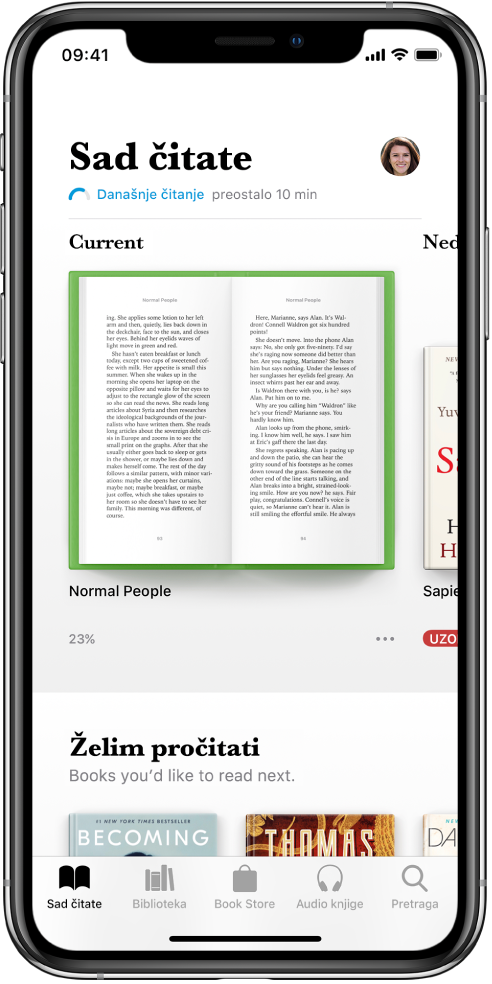 Zaslon Sad čitate odabran je u aplikaciji Knjige. Pri dnu zaslona, s lijeva na desno nalaze se kartice Sad čitate, Biblioteka, Book Store, Audio knjige i Traži.