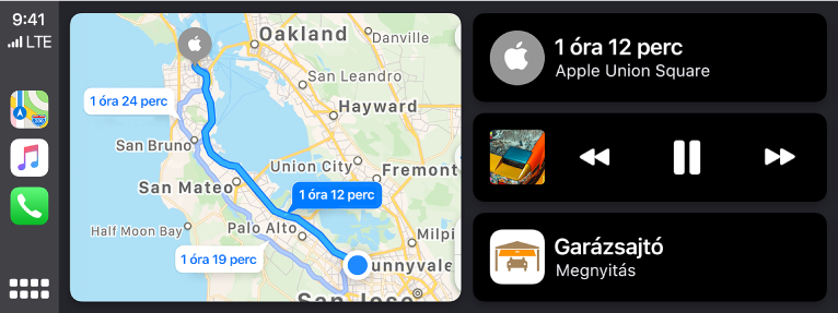 A CarPlay Dashboardja, amelynek bal oldalán a Térképek, a Zene és a Telefon alkalmazás ikonjai láthatók, középen egy autós útvonal térképe, a jobb oldalon pedig három különböző elem függőlegesen. A jobb oldalon lévő legfelső elem azt mutatja, hogy az Apple Union Square-ig a becsült utazási idő 1 óra és 12 perc. A középső elem a médialejátszó vezérlőit jeleníti meg. A legalsó elem azt jelzi, hogy a garázsajtó nyitva van.