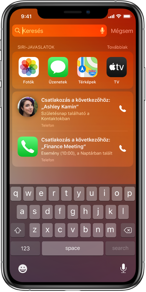 Az iPhone zárolási képernyője. Egy sorban látható a Fotók, az Üzenetek, a Térképek és a TV alkalmazás az „A Siri javaslatai” felirattal. A javasolt alkalmazások alatt két telefonhívások kezdeményezésére vonatkozó javaslat látható. Az egyik javaslat Kovács Éva felhívására vonatkozik, akinek a születésnapja megjelent a Kontaktok alkalmazásban, a másik pedig a Naptárban található Pénzügyi megbeszélés eseményre való betelefonálásra.