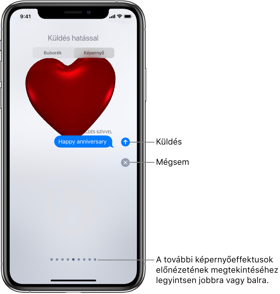 Egy üzenet előnézete piros szívet megjelenítő teljes képernyős effektussal.
