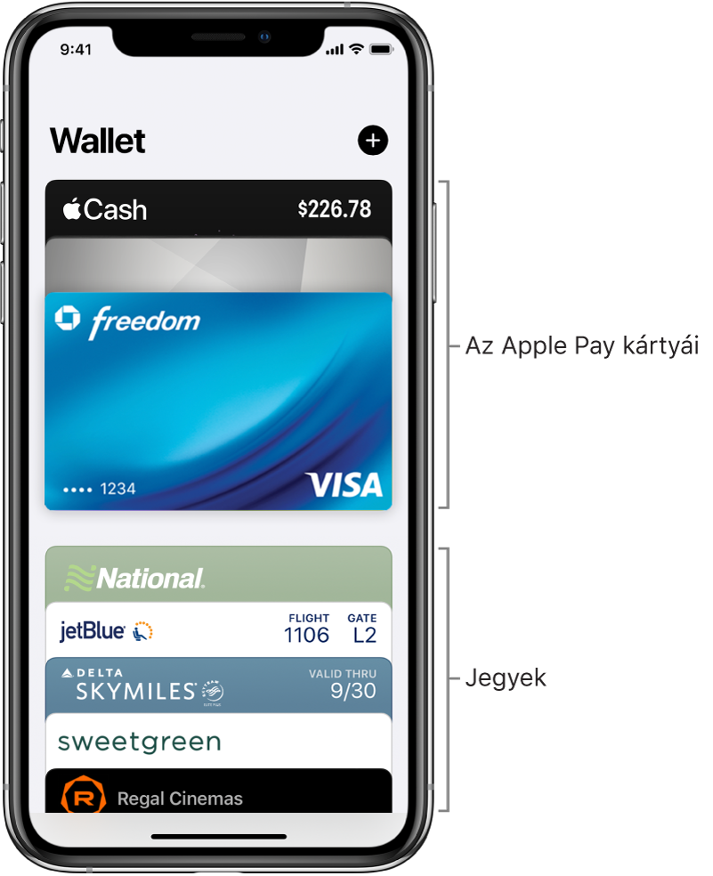 A Wallet képernyője számos hitel- és bankkártyával, valamint jeggyel.