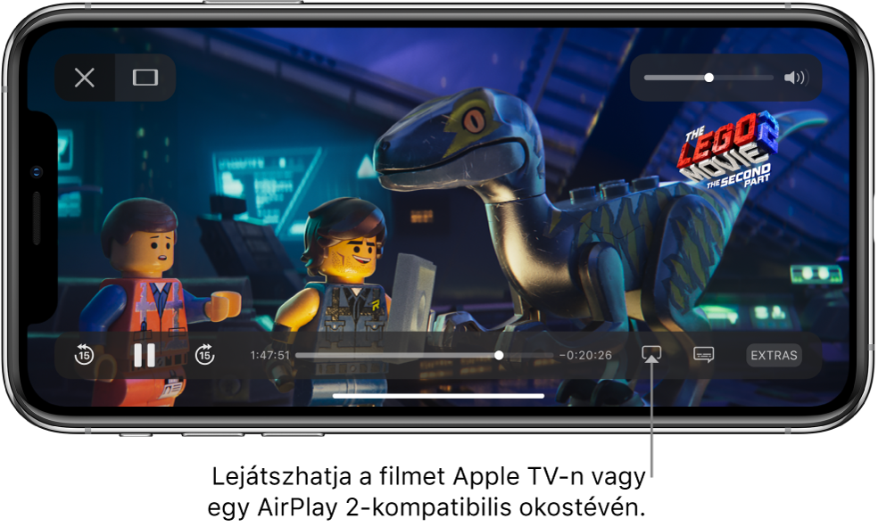 Egy film lejátszása az iPhone képernyőjén. A képernyő alján a lejátszásvezérlők láthatók, többek között a Képernyőtükrözés gomb a jobb alsó részen.