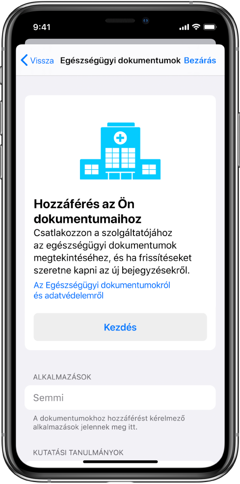 A Kezdés képernyő, ahol az egészségügyi dokumentumok letöltését lehet beállítani.
