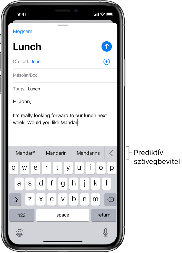 Mail-üzenet egy új üzenet első néhány szavával és a következő szót kiegészítő javaslatokkal.