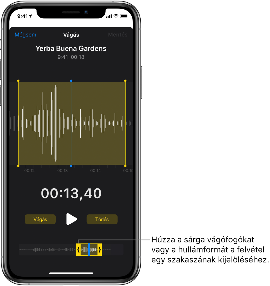 Levágott felvétel, amelyen a vágófogópontok körülhatárolják a hanghullámforma egy meghatározott részét a képernyő alján. A hullámforma felett egy Lejátszás gomb és egy felvételidőzítő jelenik meg. A vágófogópontok a Lejátszás gomb alatt találhatók.