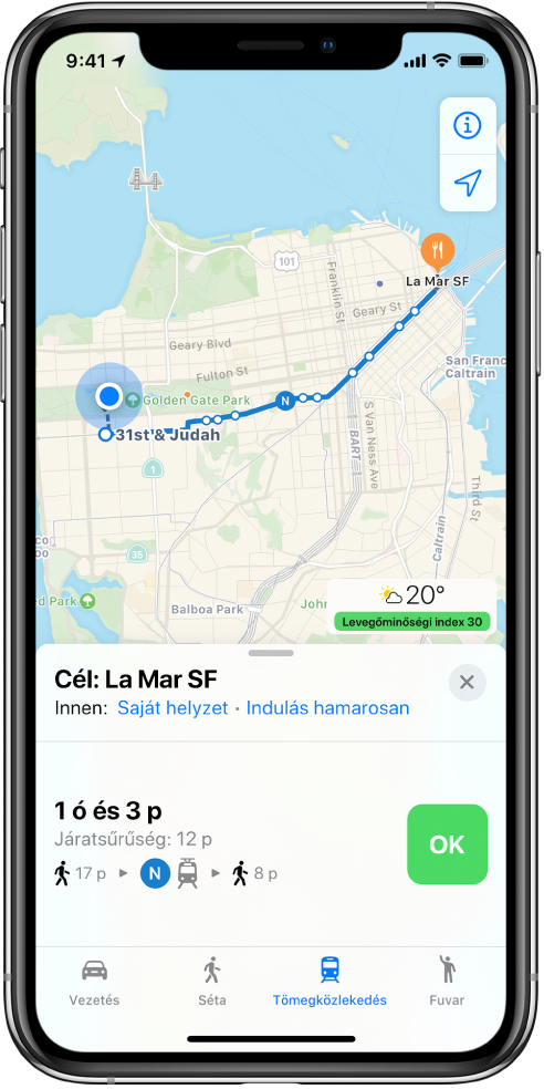 A térképen San Francisco egy tömegközlekedési útvonala látható. A képernyő alján lévő útvonalkártyán egy OK gomb jelenik meg.